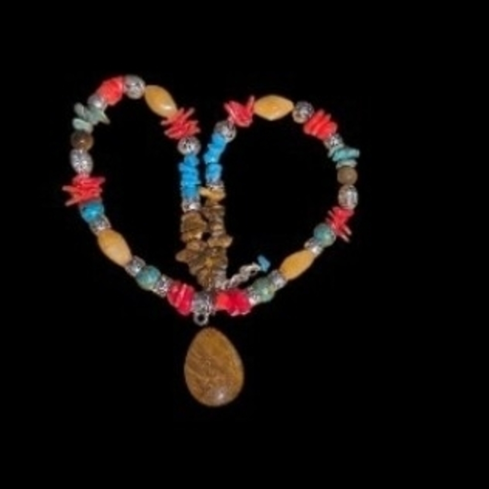 925 Sterling ArtisanTurquoise Coral, dyed Stone with Tigers Eye Pendant Necklace - Picture 3 of 9